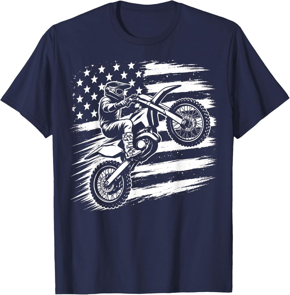 Dirt Bike American Flag Rider Racing Motocross T-Shirt - Navy Blue