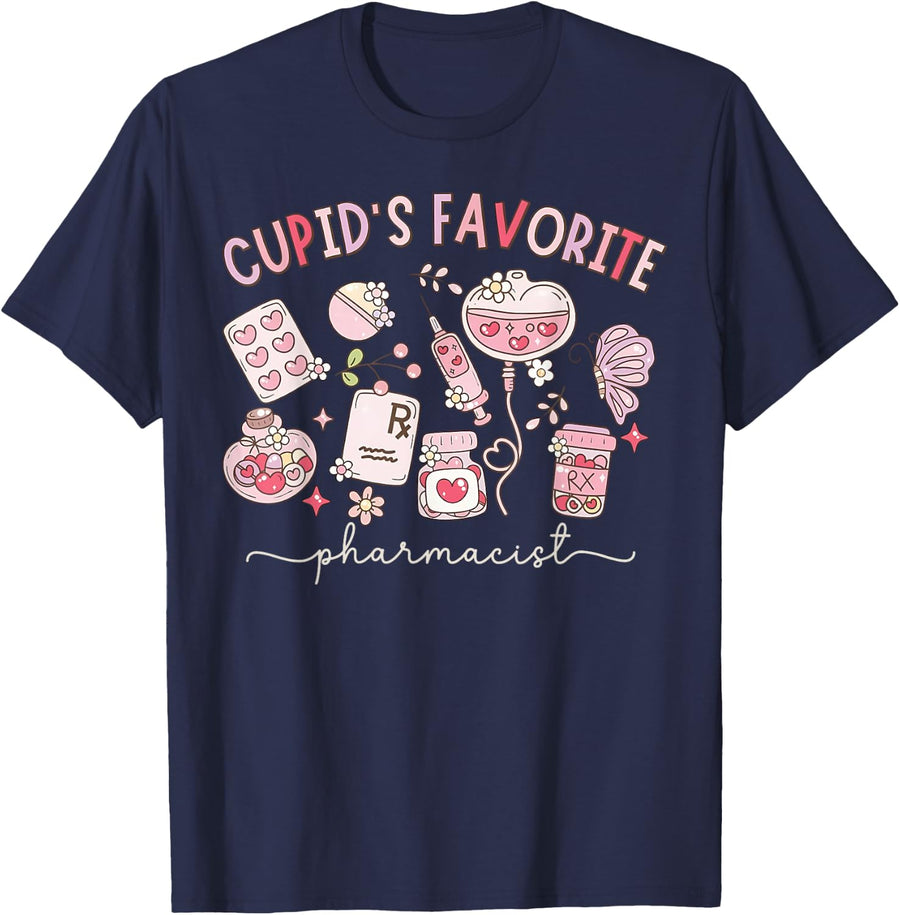 Cupid's Favorite Pharmacist Valentines Day PharmD Pharmacy T-Shirt - Navy Blue