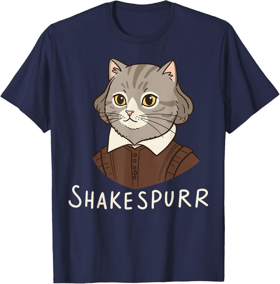 William Shakespeare Cat Pun Bookish Feline Renaissance Bard T-Shirt - Navy Blue