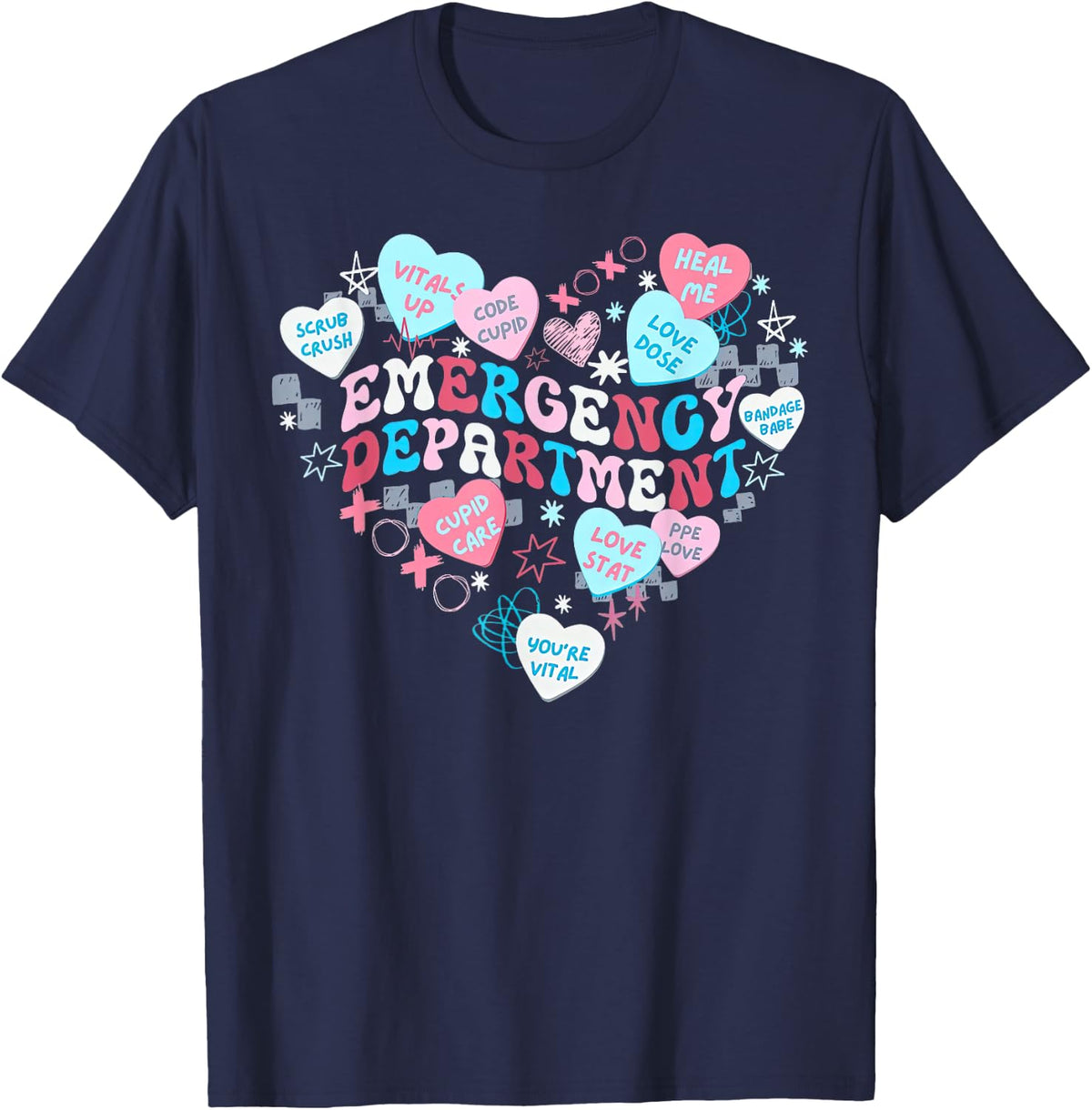 Retro Emergency Department Heart Valentines Nurse ER Crew T-Shirt - Navy Blue