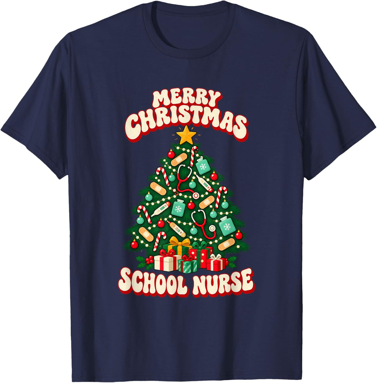 Christmas School Nurse Christmas Tree T-Shirt - Navy Blue