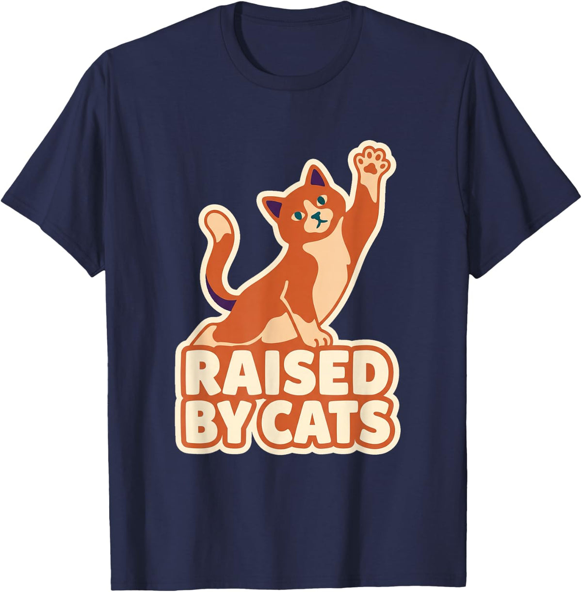 Raised By Cats High Five Paw Ginger Cat Cartoon Design T-Shirt - Navy Blue