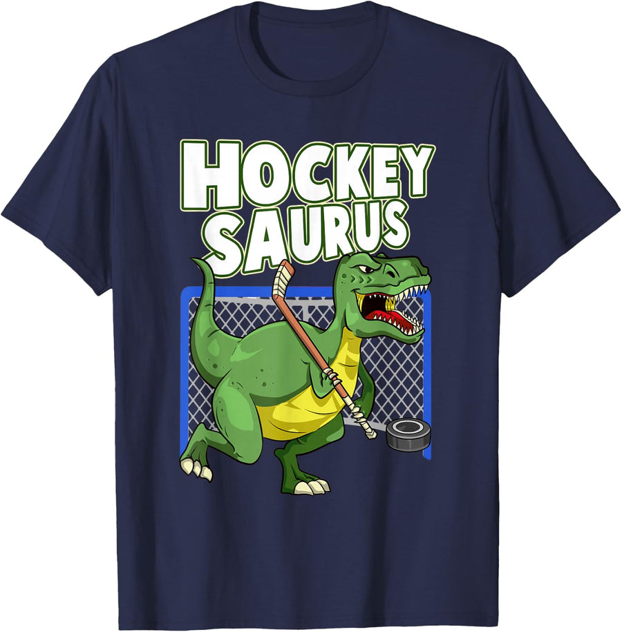 Hockeysaurus Trex Playing Hockey T-Shirt - Unisex-Kids, Unisex-Adults - Black - Small - Short Sleeve - V-Neck - Cartoon