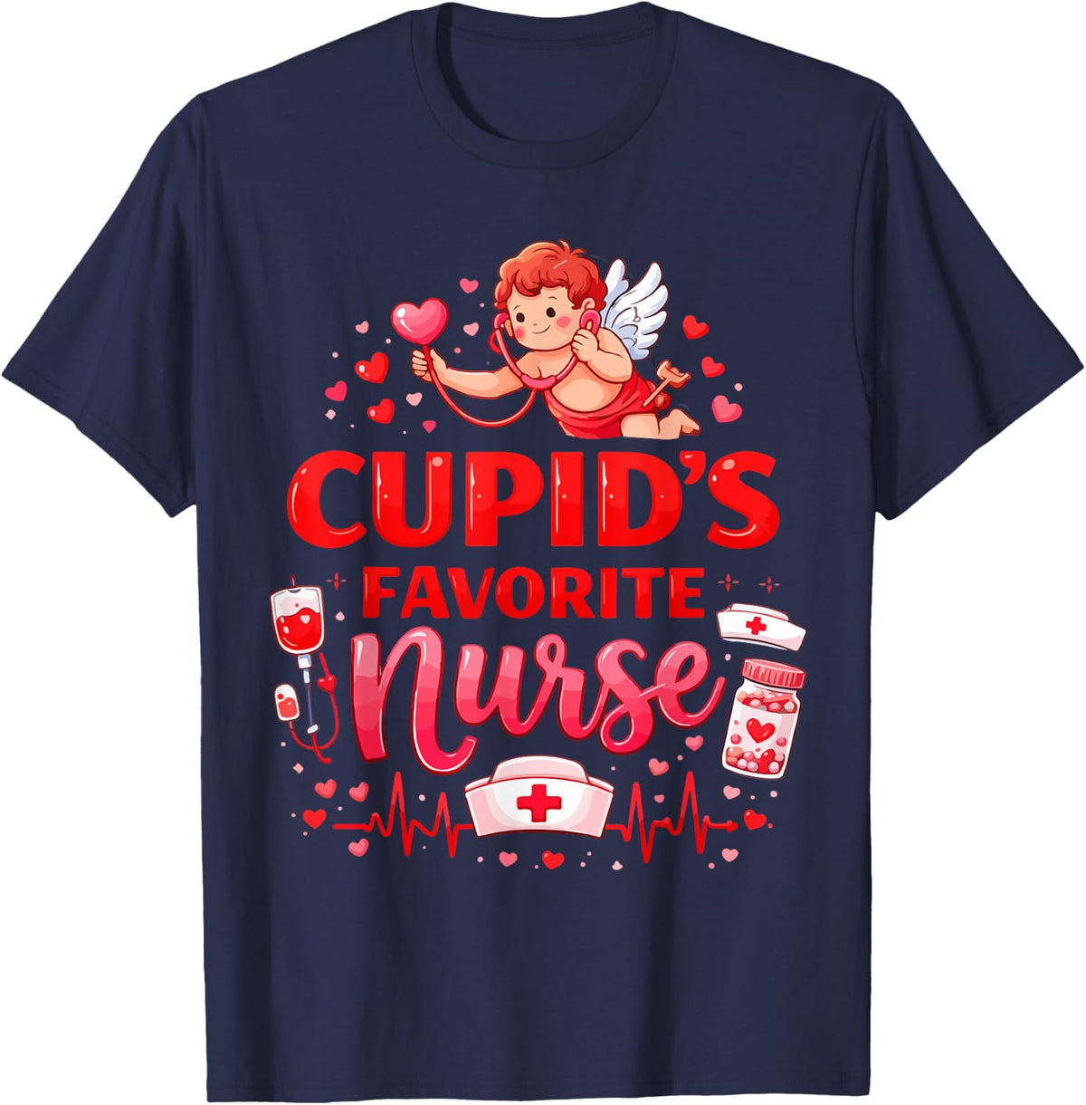 Women's Valentine Cupid’s Favorite Nurse ER Heart Girl Women T-Shirt - Navy Blue