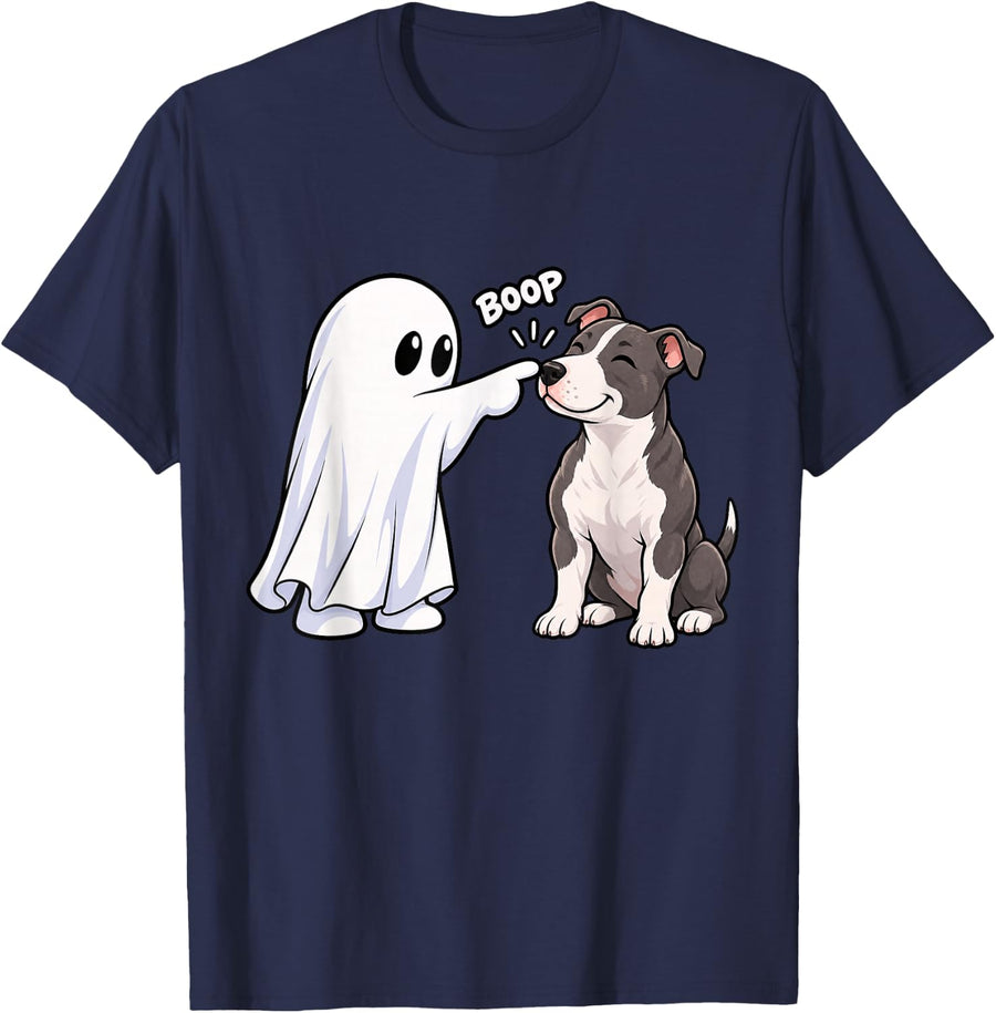 Funny Ghost American Staffordshire Terrier Boop Halloween T-Shirt - Navy Blue