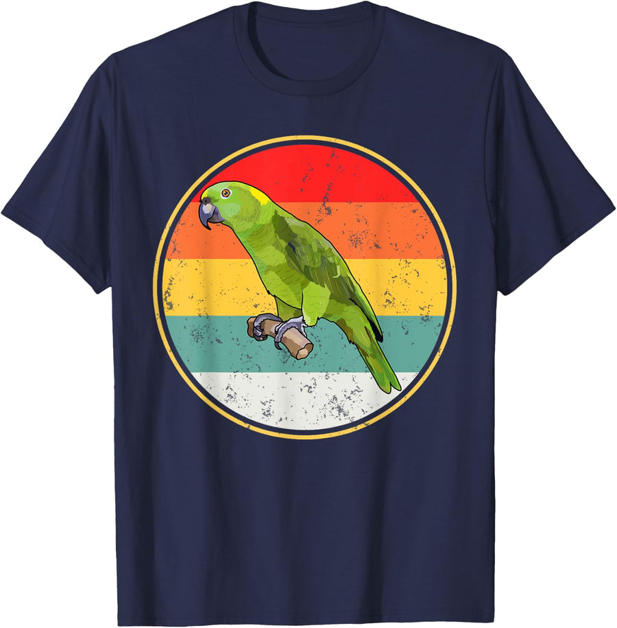 Vintage Retro Sunset Green Parrot Bird T-Shirt - Navy Blue