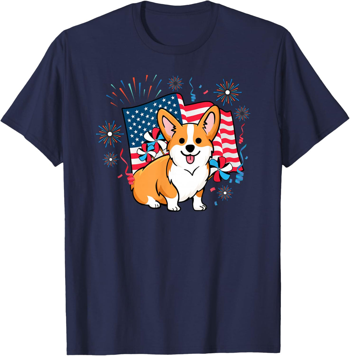 Corgi 4th of July American Flag Fireworks T-Shirt - Navy Blue