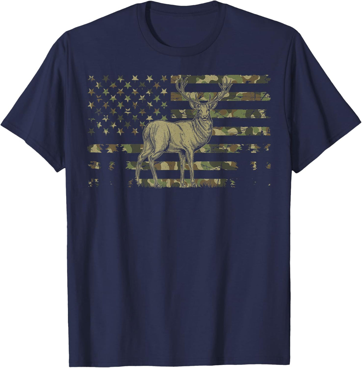 Deer Hunting Camo American Flag Whitetail Buck T-Shirt - Navy Blue
