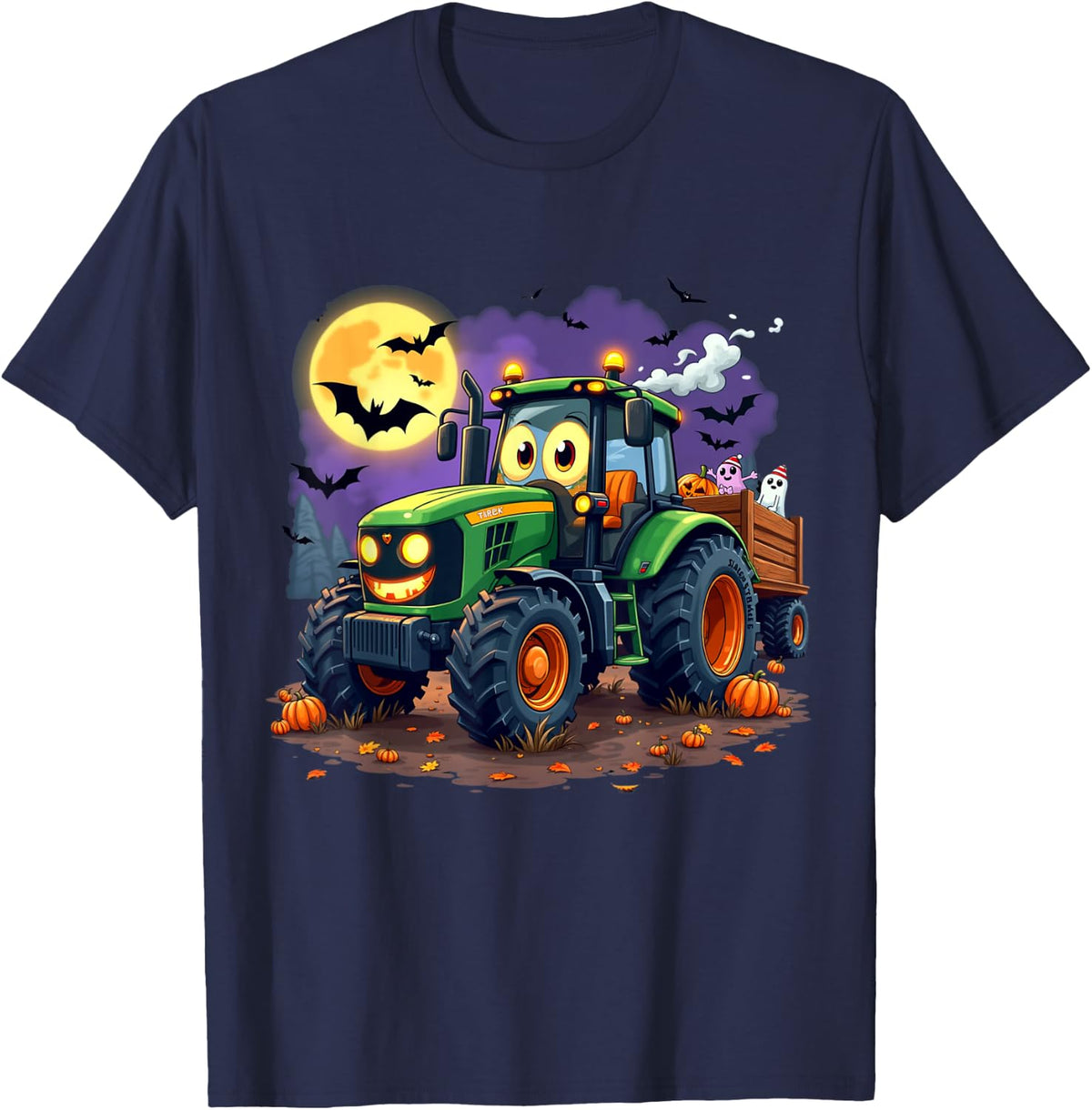 Scary Tractor Treats Halloween Fun for Boys, Kids and Toddlers T-Shirt - Navy Blue