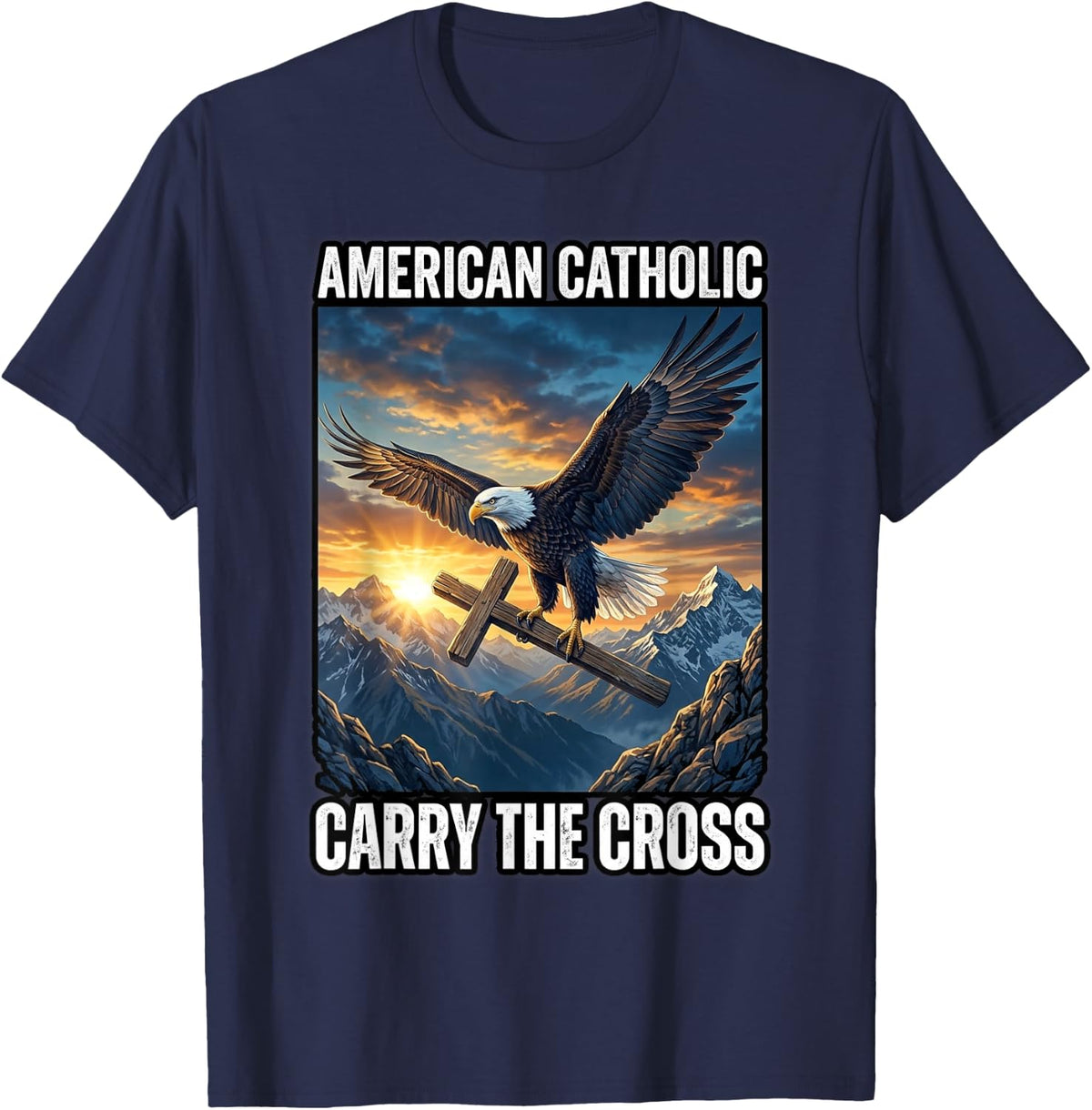 Bald Eagle Carrying Cross Mountains Catholic T-Shirt - Navy Blue