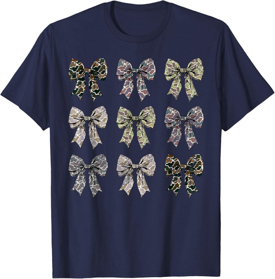 Camo Coquette Bow Duck Hunting Camouflage Girls Ladies T-Shirt - Navy Blue