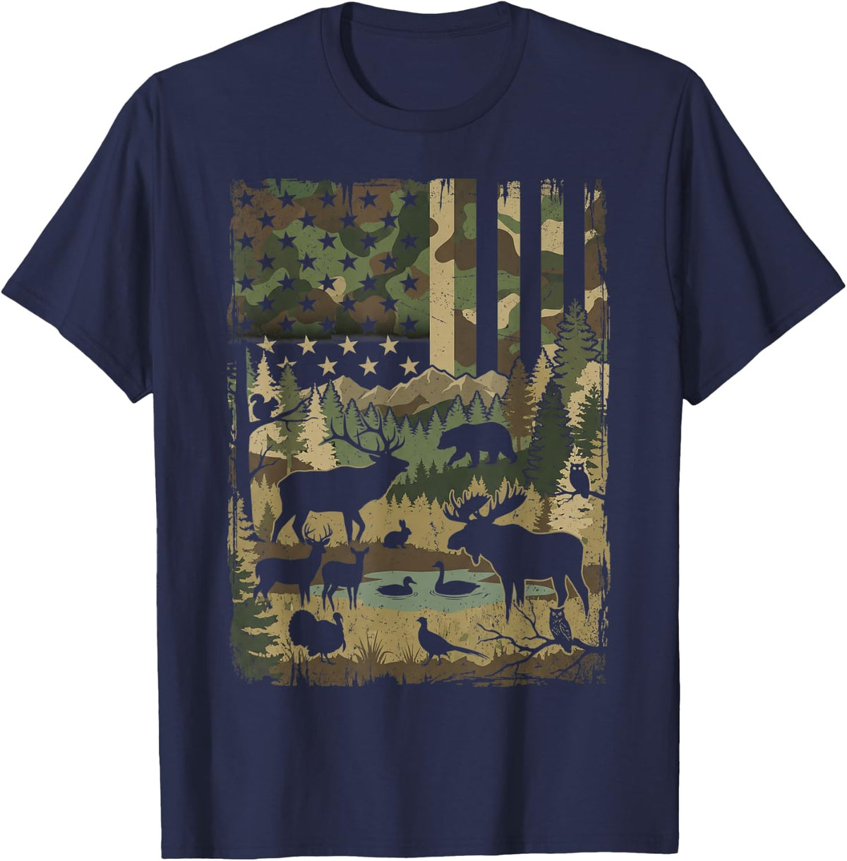 Camo Forest Animals Hunting American Flag Camouflage Men Dad T-Shirt - Navy Blue