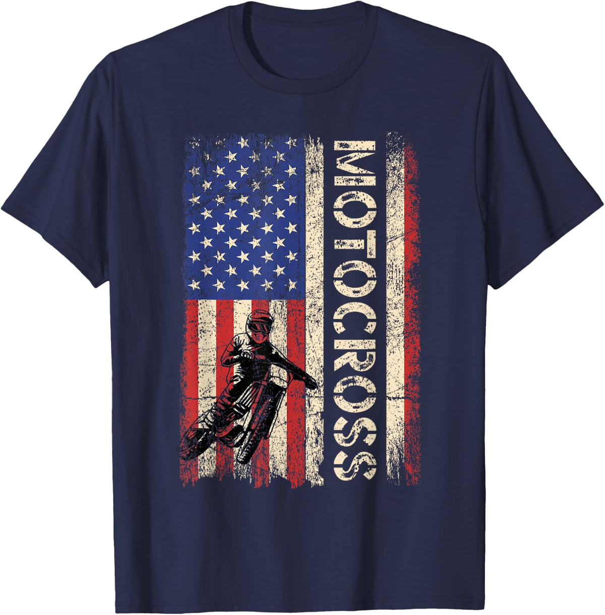 Motocross Dirt Bike American USA Flag Shirt Biker Men Tee T-Shirt - Navy Blue
