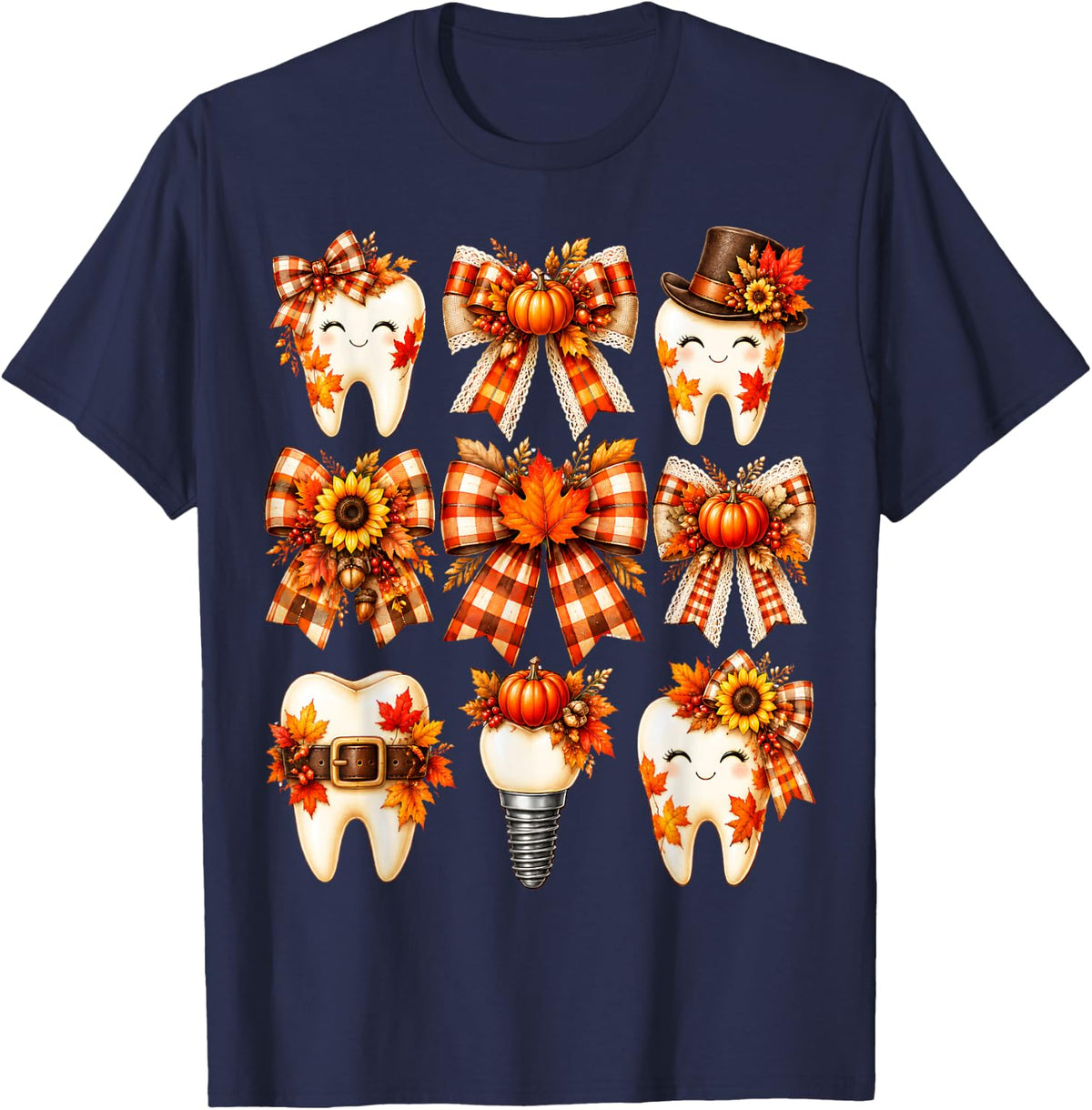 Dental Hygienist Teeth Bows Pumpkin Thanksgiving Fall T-Shirt - Navy Blue