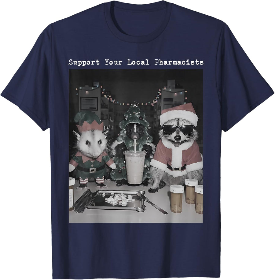 Support Your Local Pharmacists Christmas Raccoon Possum Xmas T-Shirt - Navy Blue