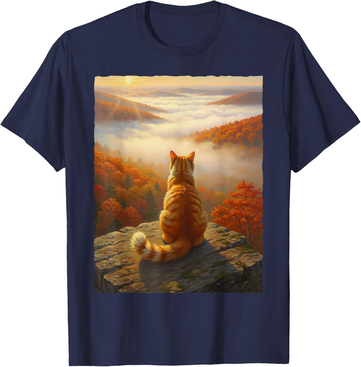 Ginger Orange Tabby Cat Autumn Mountain Forest Sunrise Art T-Shirt - Navy Blue