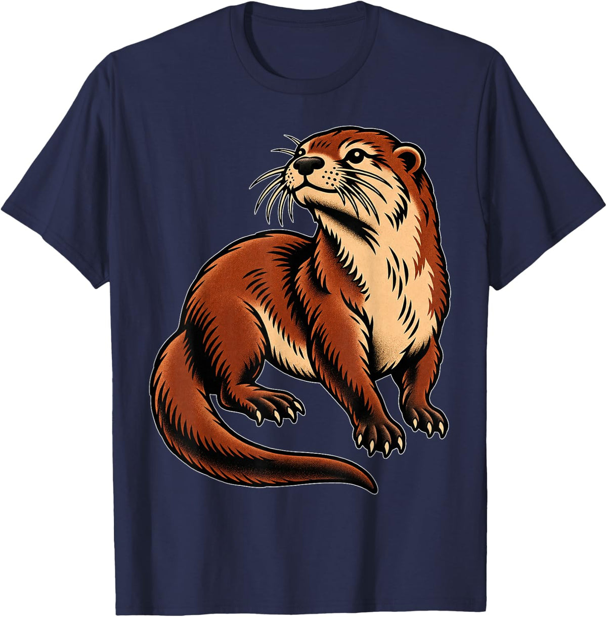 Otter Traditional Tattoo Style River Wildlife Animal Art T-Shirt - Navy Blue