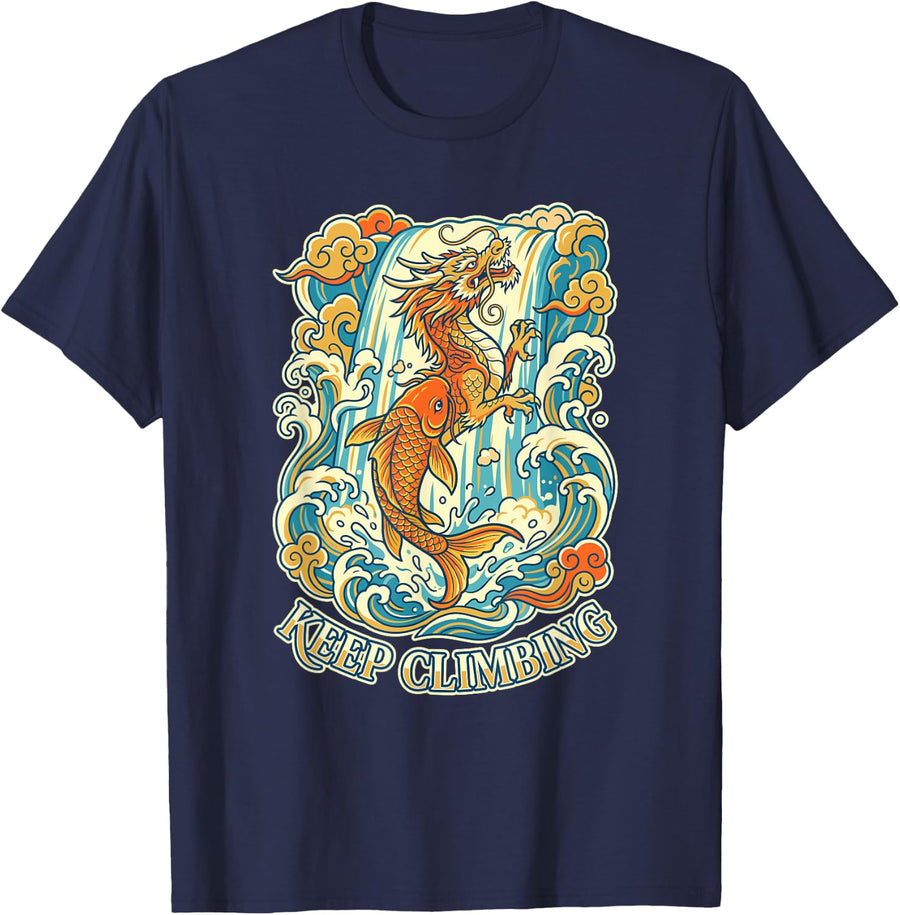 Keep Climbing Oriental Illustration Dragon and Koi Fish Art T-Shirt - Navy Blue