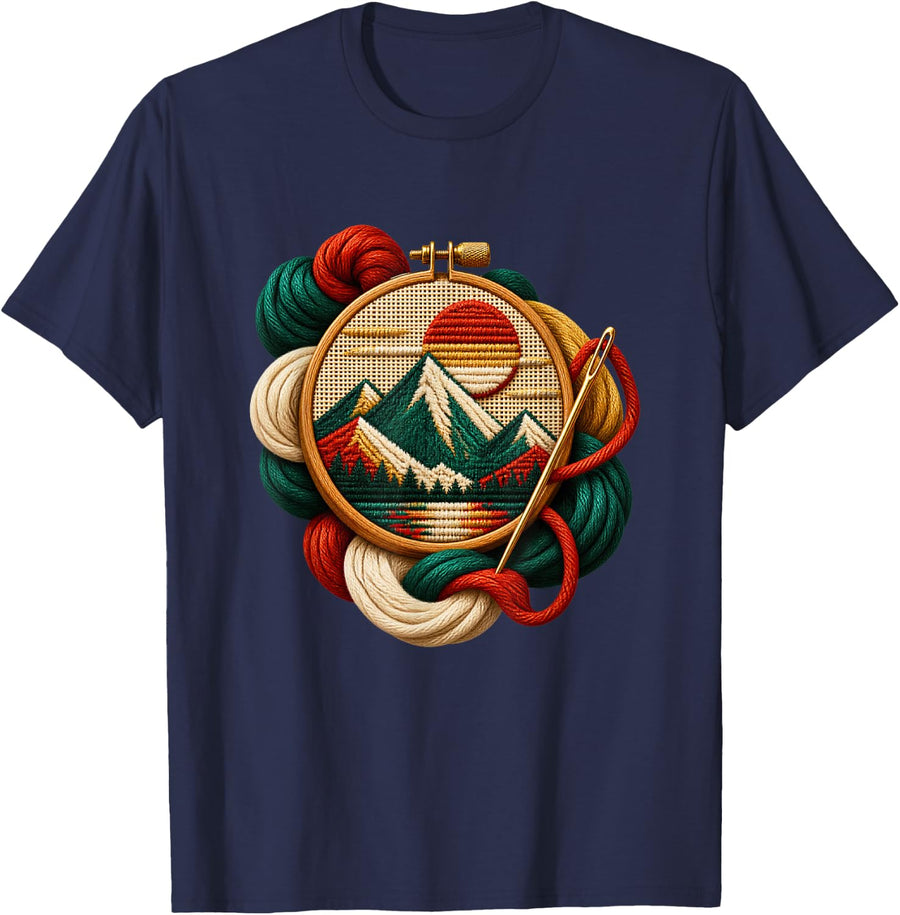 Vibrant Alpine Lake Needlepoint Hoop with Thread and Needle T-Shirt - Navy Blue