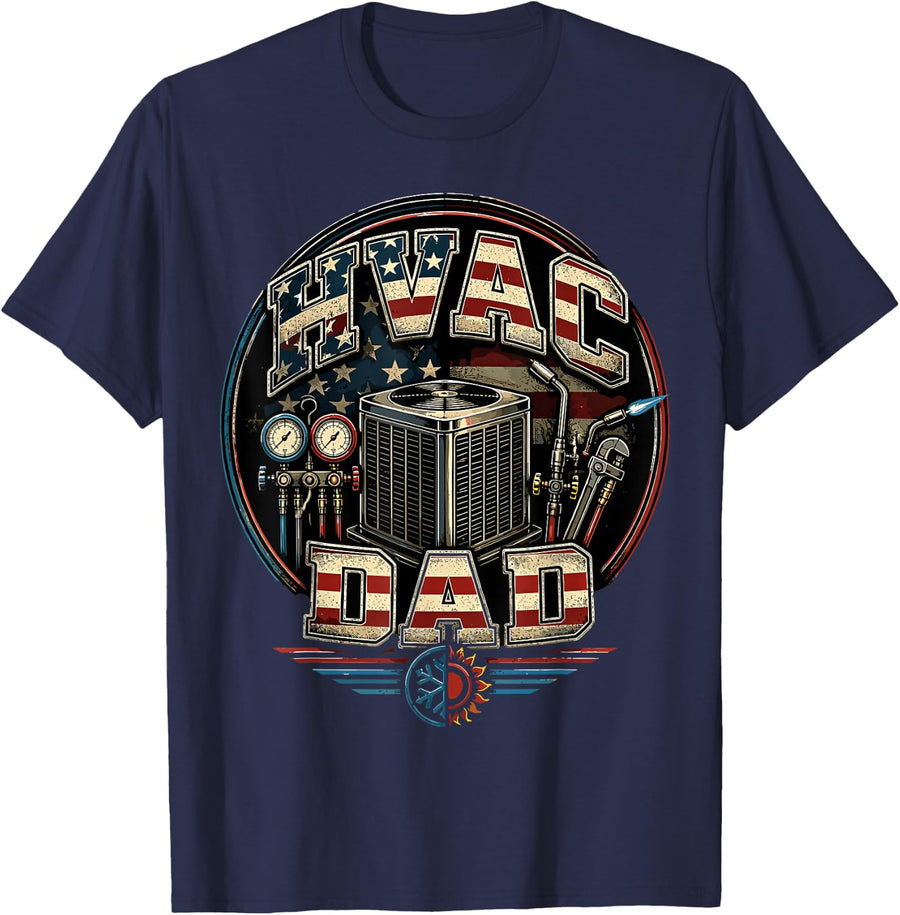USA HVAC Dad Men HVAC Technician American Flag HVAC Tech T-Shirt - Navy Blue