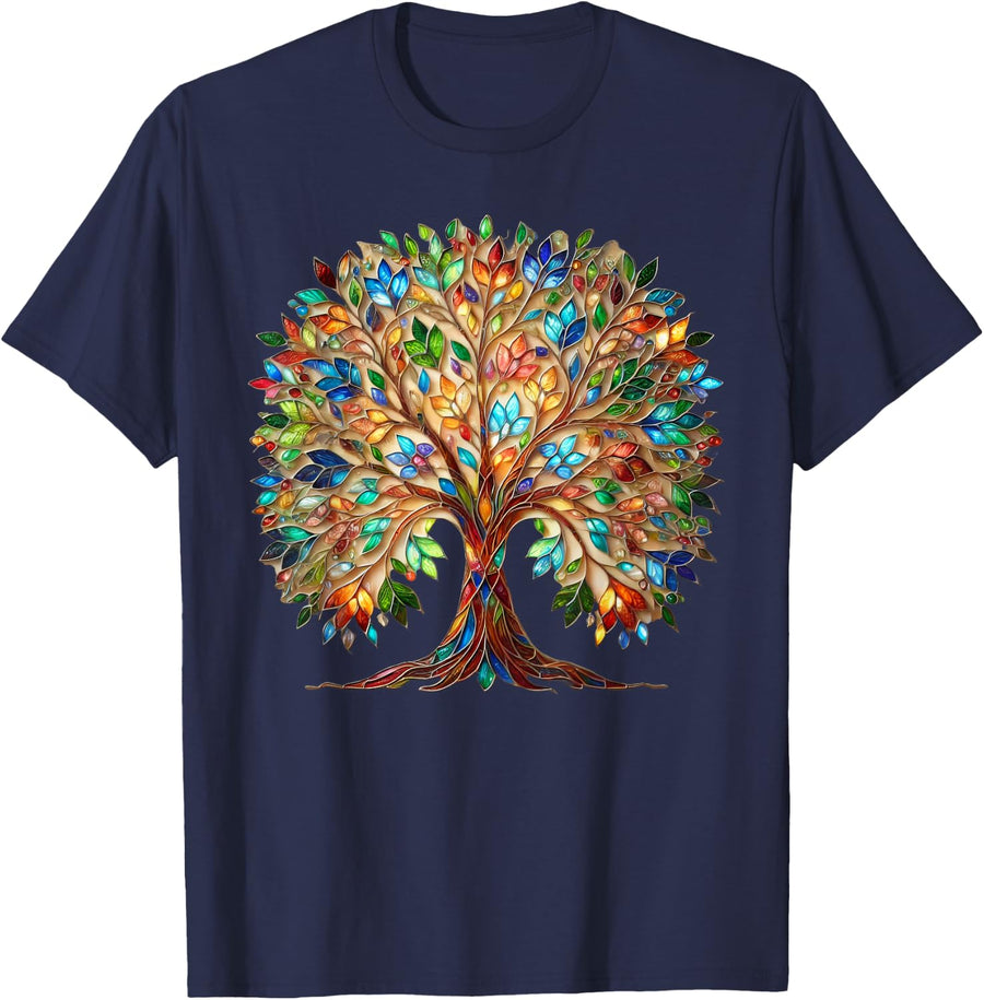 Stained Glass Window Tree Art T-Shirt - Navy Blue