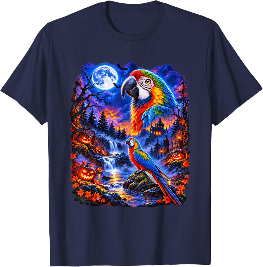 Parrot Halloween Moon Pumpkin Bird Lover T-Shirt - Navy Blue