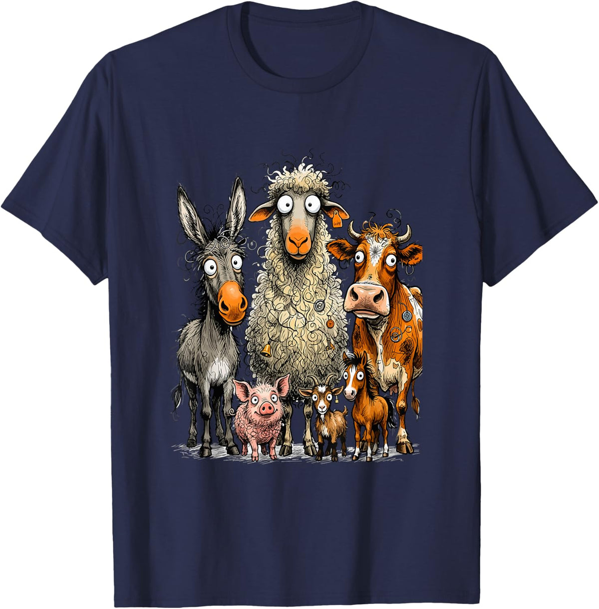 Funny Farm Animals Cartoon Barnyard Friends T-Shirt - Navy Blue