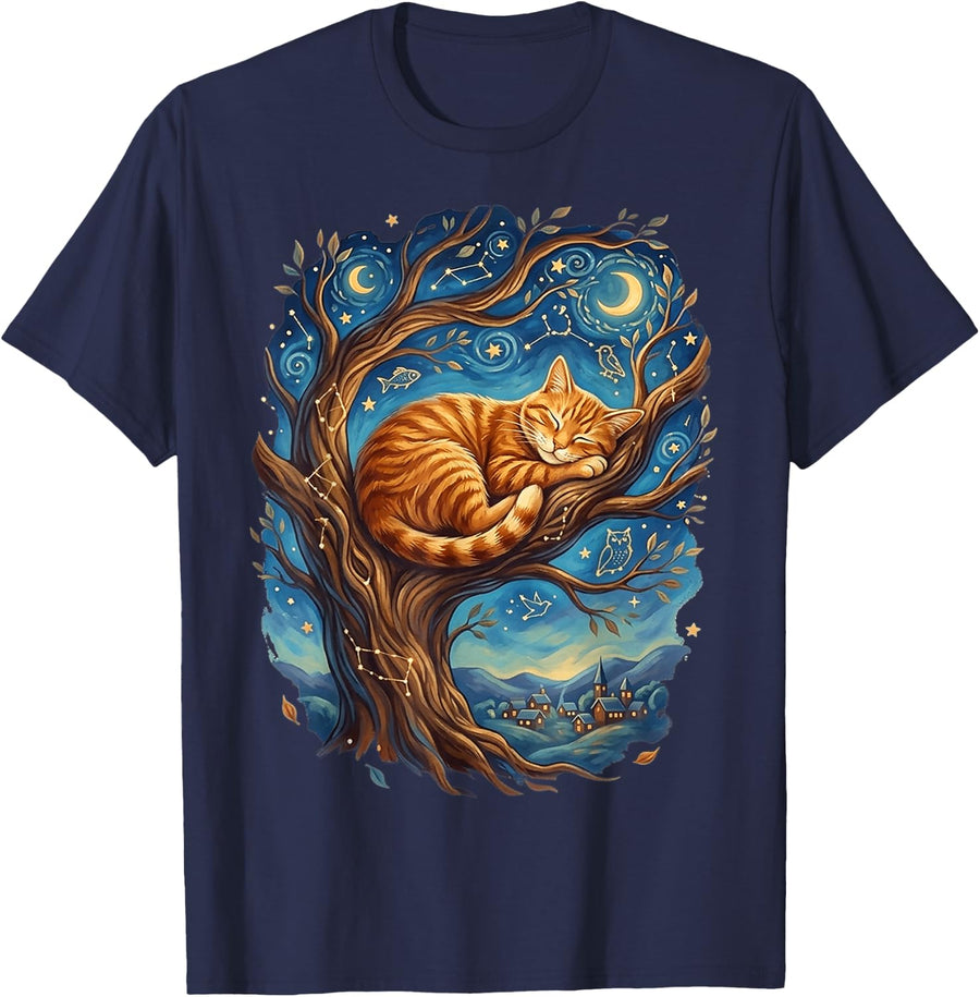 Sleeping Orange Cat Starry Night Gifts for Men Women Kid T-Shirt - Navy Blue