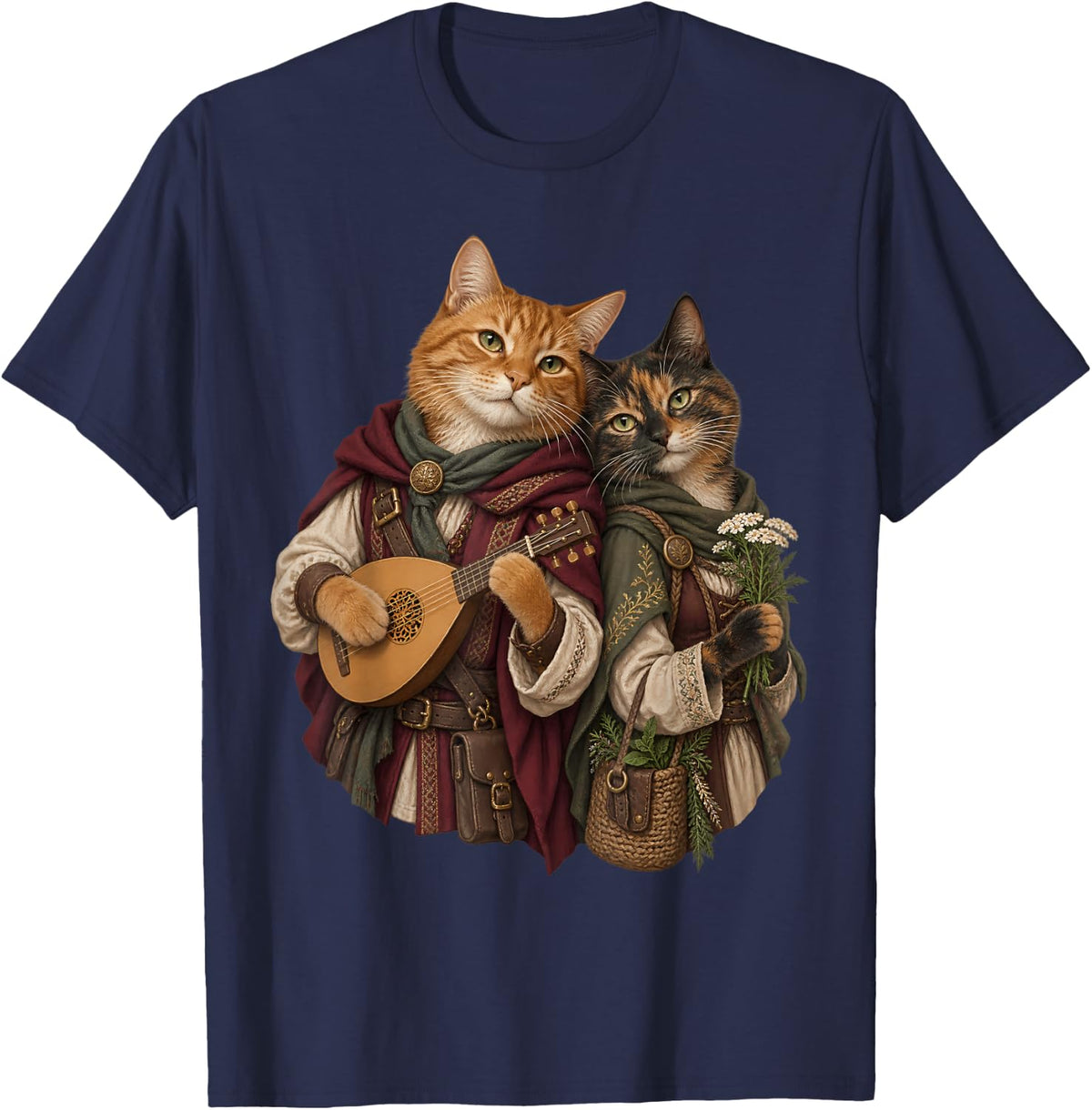 Bard and Herbalist Cats Medieval Fantasy RPG Duo T-Shirt - Navy Blue