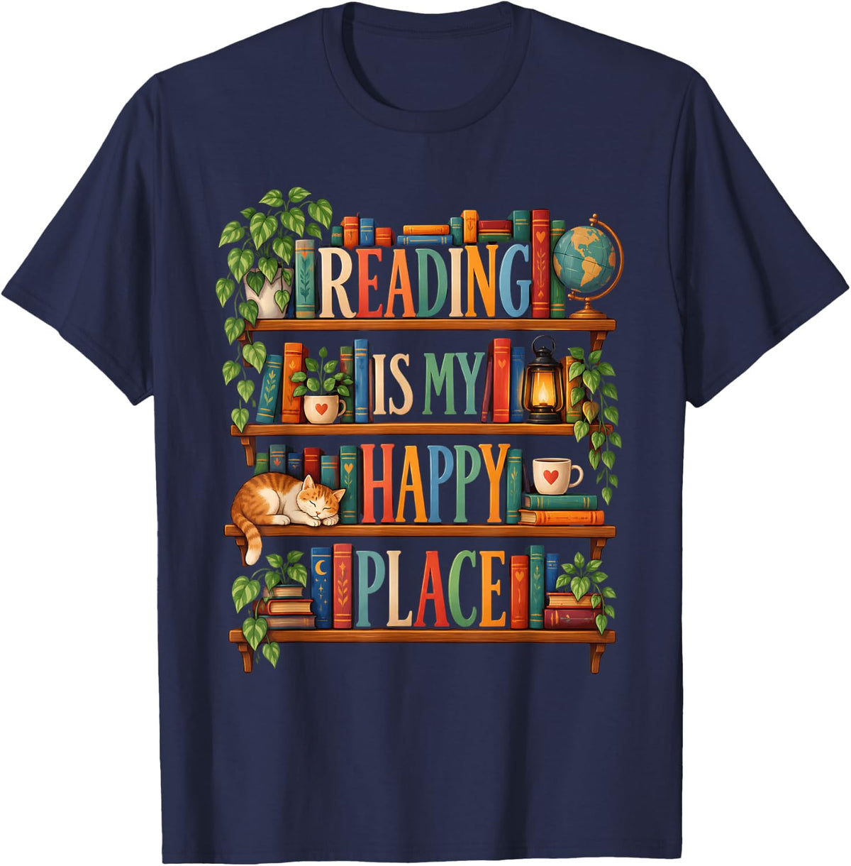 Reading is My Happy Place Book Lover Bookshelf Design T-Shirt - Navy Blue