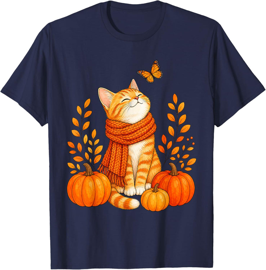 Cozy Cute Ginger Cat Orange Pumpkin Fall Butterfly Autumn T-Shirt - Navy Blue