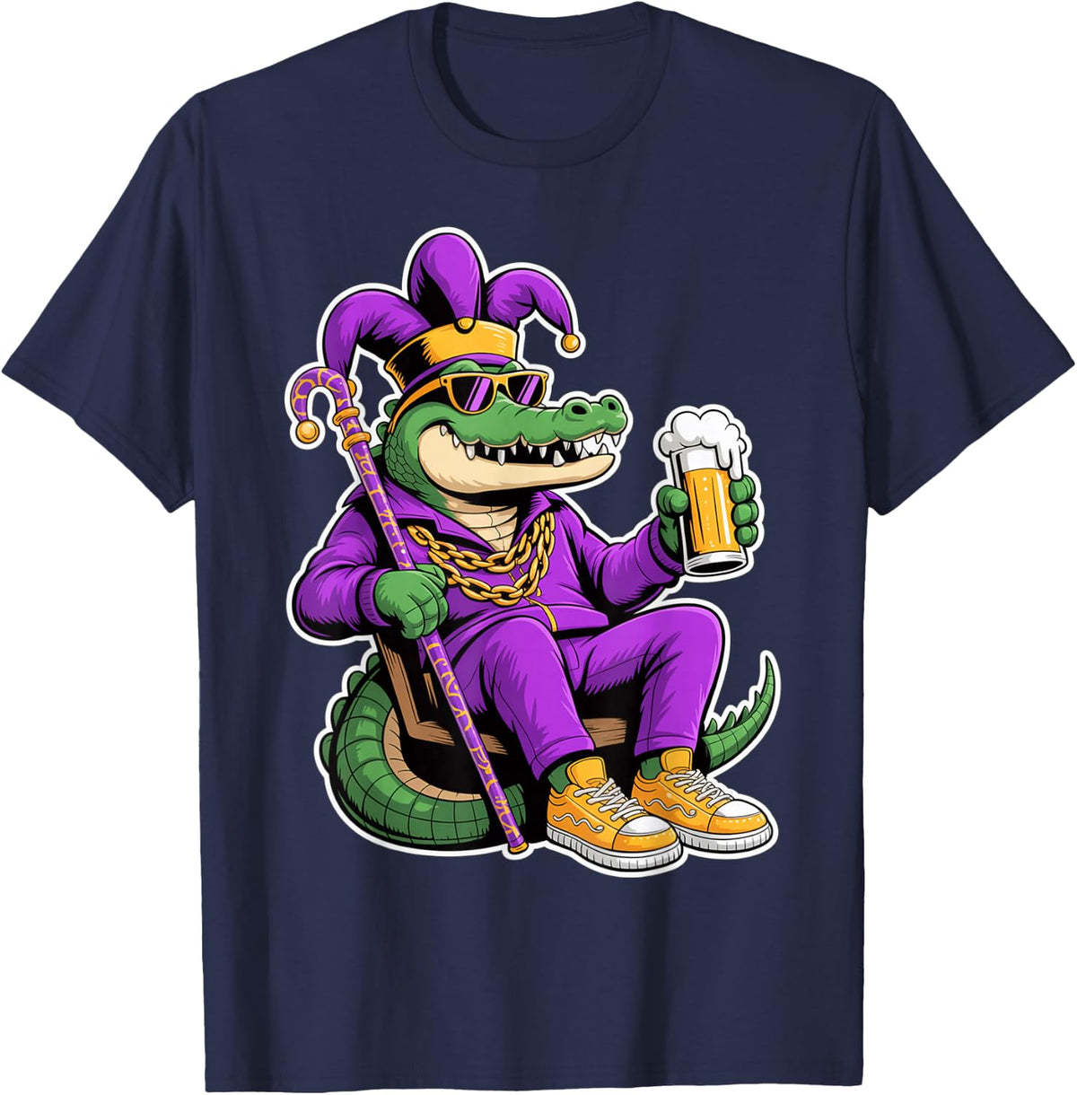 Mardi Gras Alligator Beer Jester Cajun Cocodrie Krewes Gator T-Shirt - Navy Blue