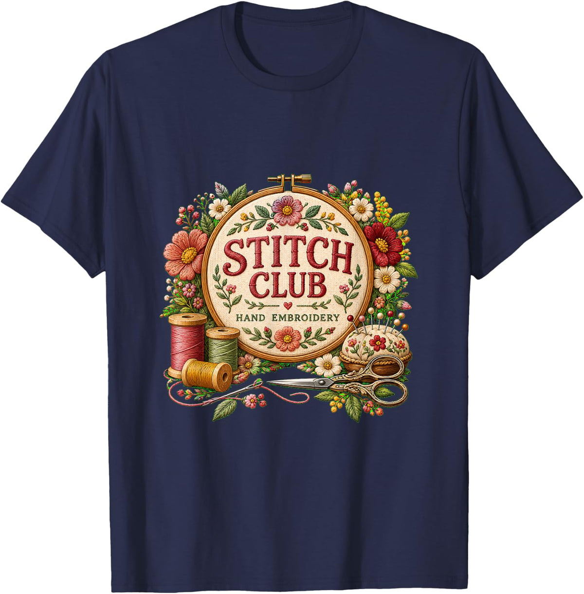 Stitch Club Floral Embroidery Hoop Needlework Design T-Shirt - Navy Blue
