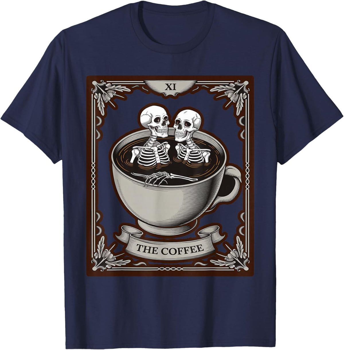 Skeleton Swimming In Coffee Cup Tarot Card Graphic Tee T-Shirt - Navy Blue