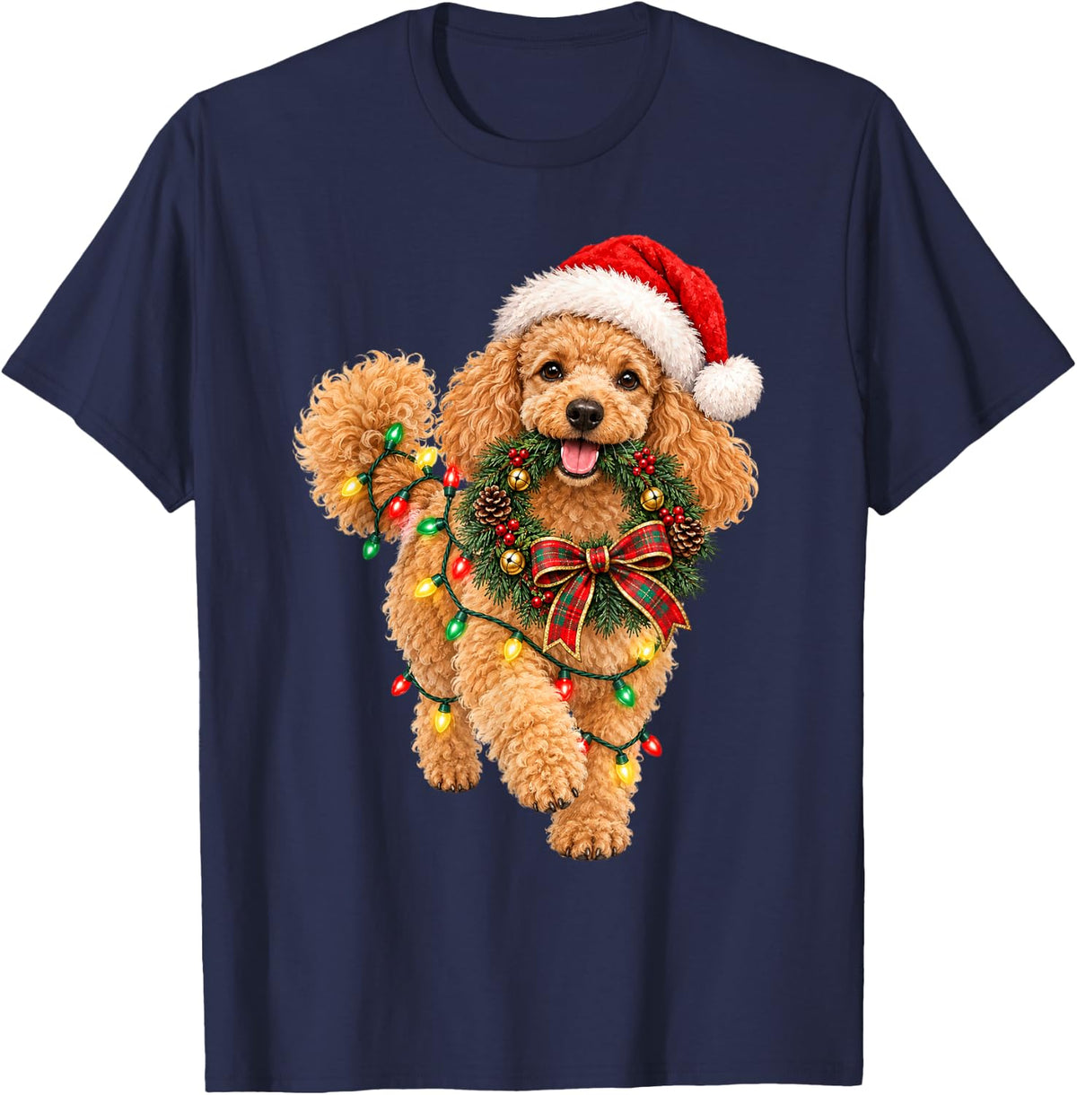 Poodle Christmas Wreath Decoration Xmas Pajamas T-Shirt - Navy Blue