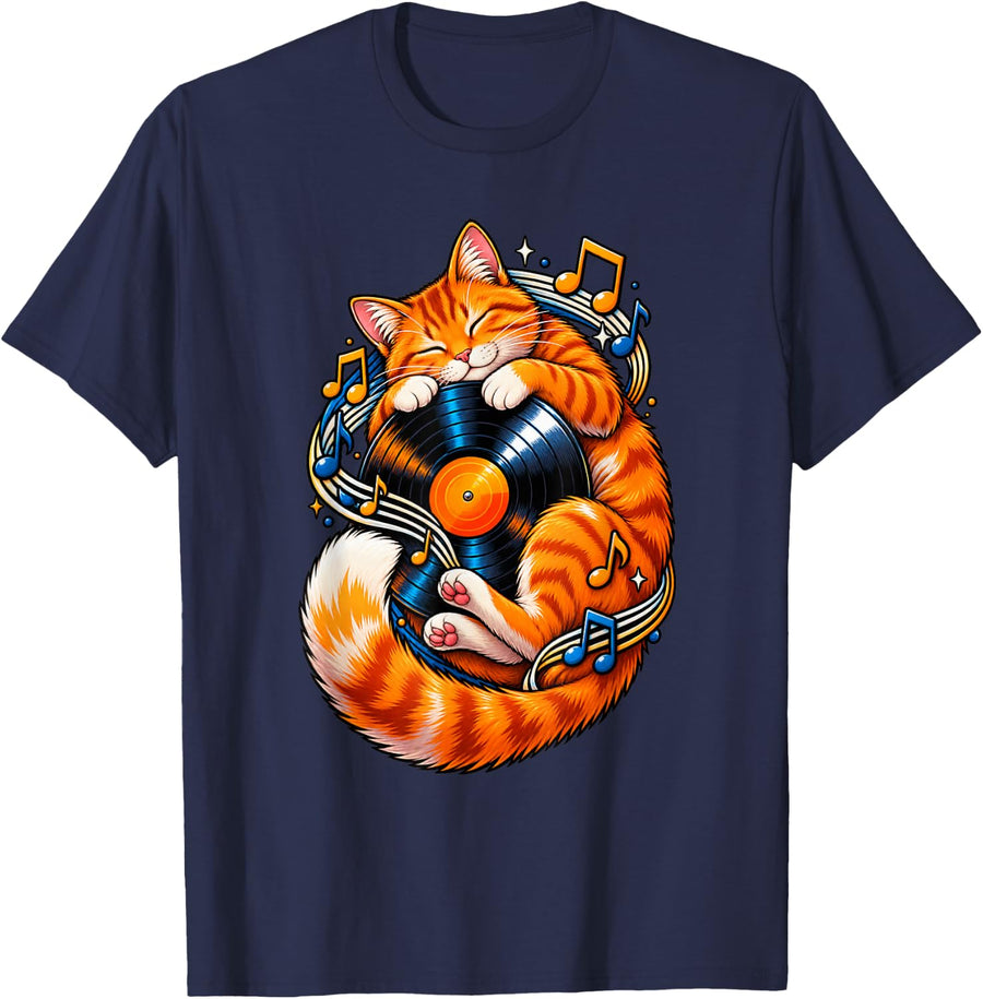 Sleeping Ginger Cat Hugging a Vinyl Record T-Shirt - Navy Blue