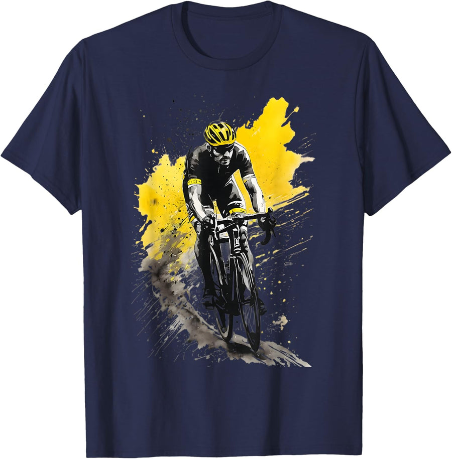 Racing Cyclist On Road Bike Tees T Shirts For Cycling Enthusiasts Men Women - Navy Blue
