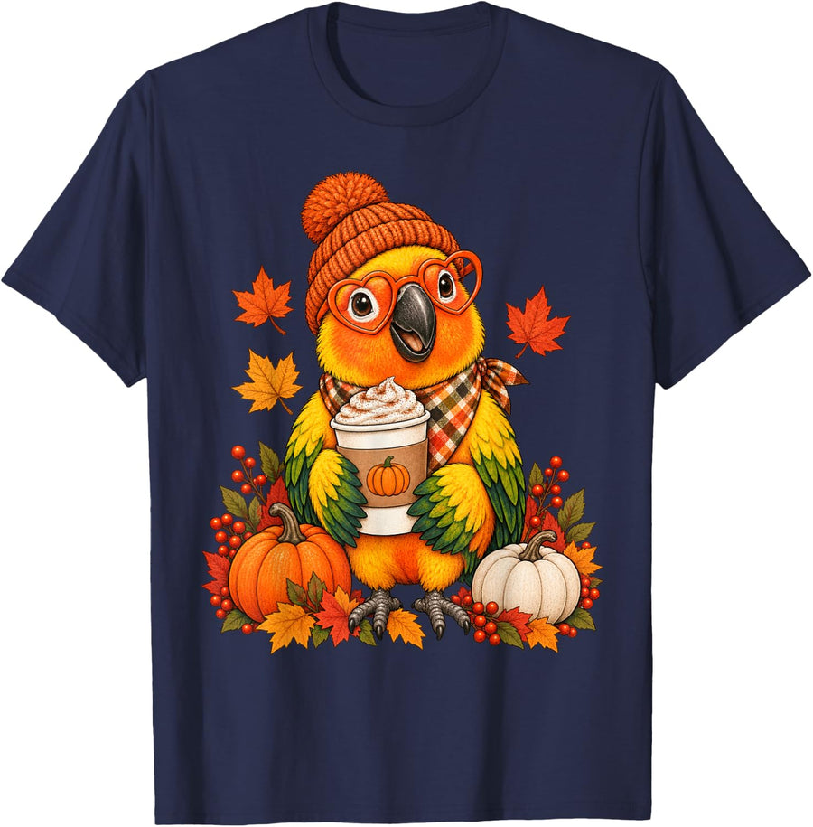 Sun Conure Fall Autumn Season Pumpkin Spice Parrot T-Shirt - Navy Blue