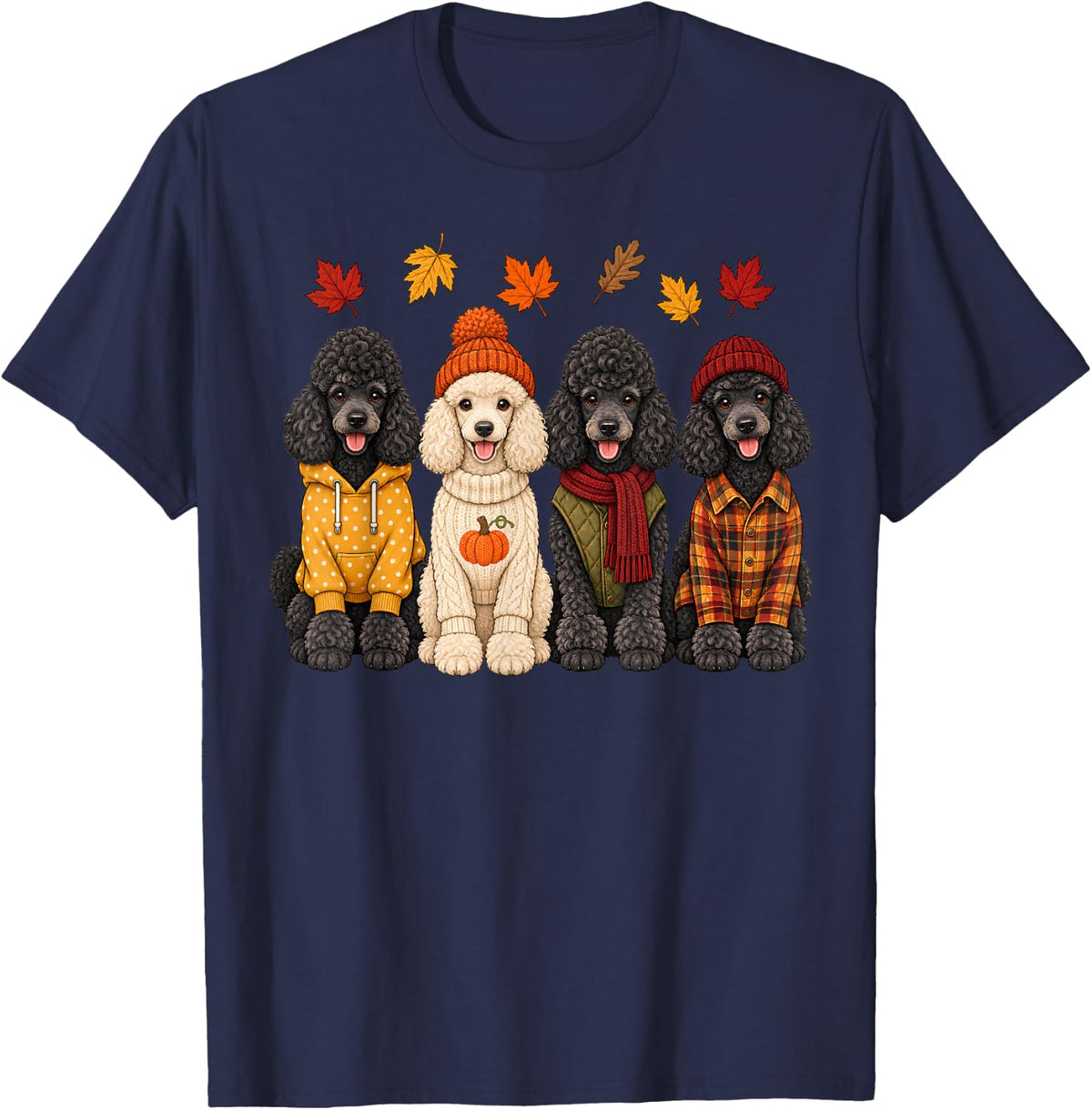 Poodle Fall Autumn Season Pumpkin Thanksgiving Dog Lineup T-Shirt - Navy Blue