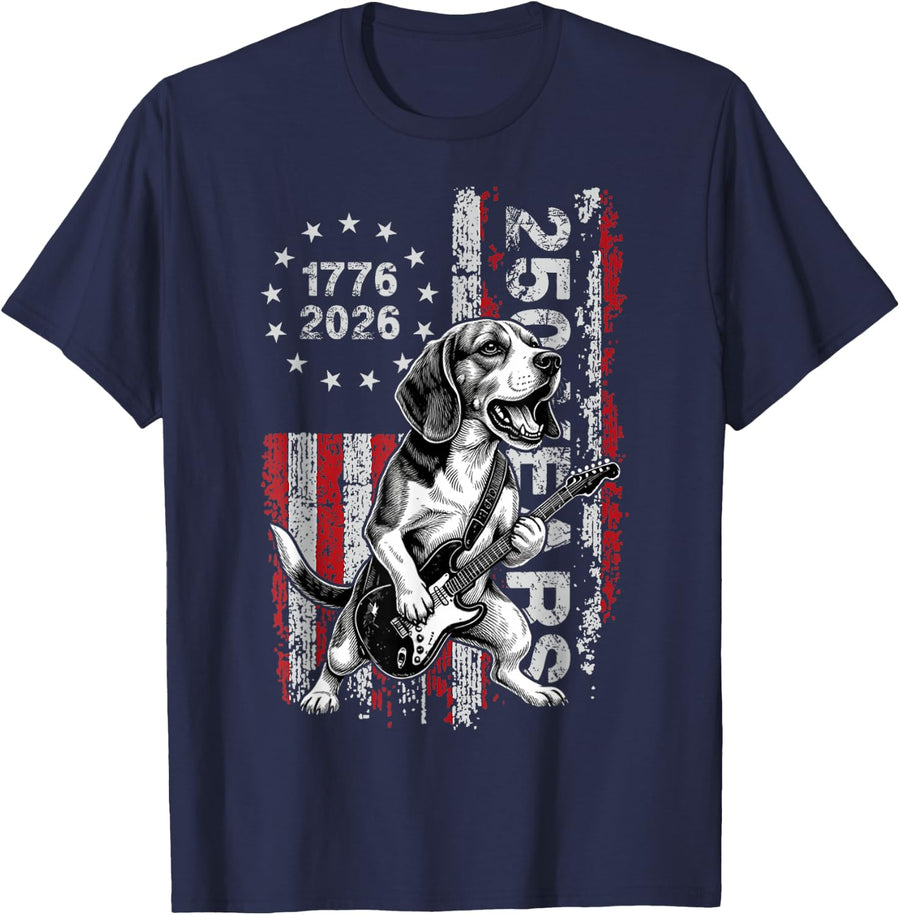 250 Years US Flag Beag Dog Playing Guitar - Funny Beagle T-Shirt - Navy Blue