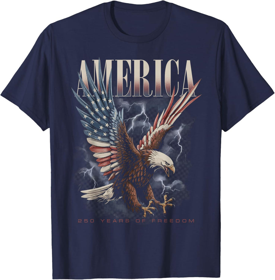 Bootleg Eagle America 250 Years Freedom Epic USA Patriotic T-Shirt - Navy Blue