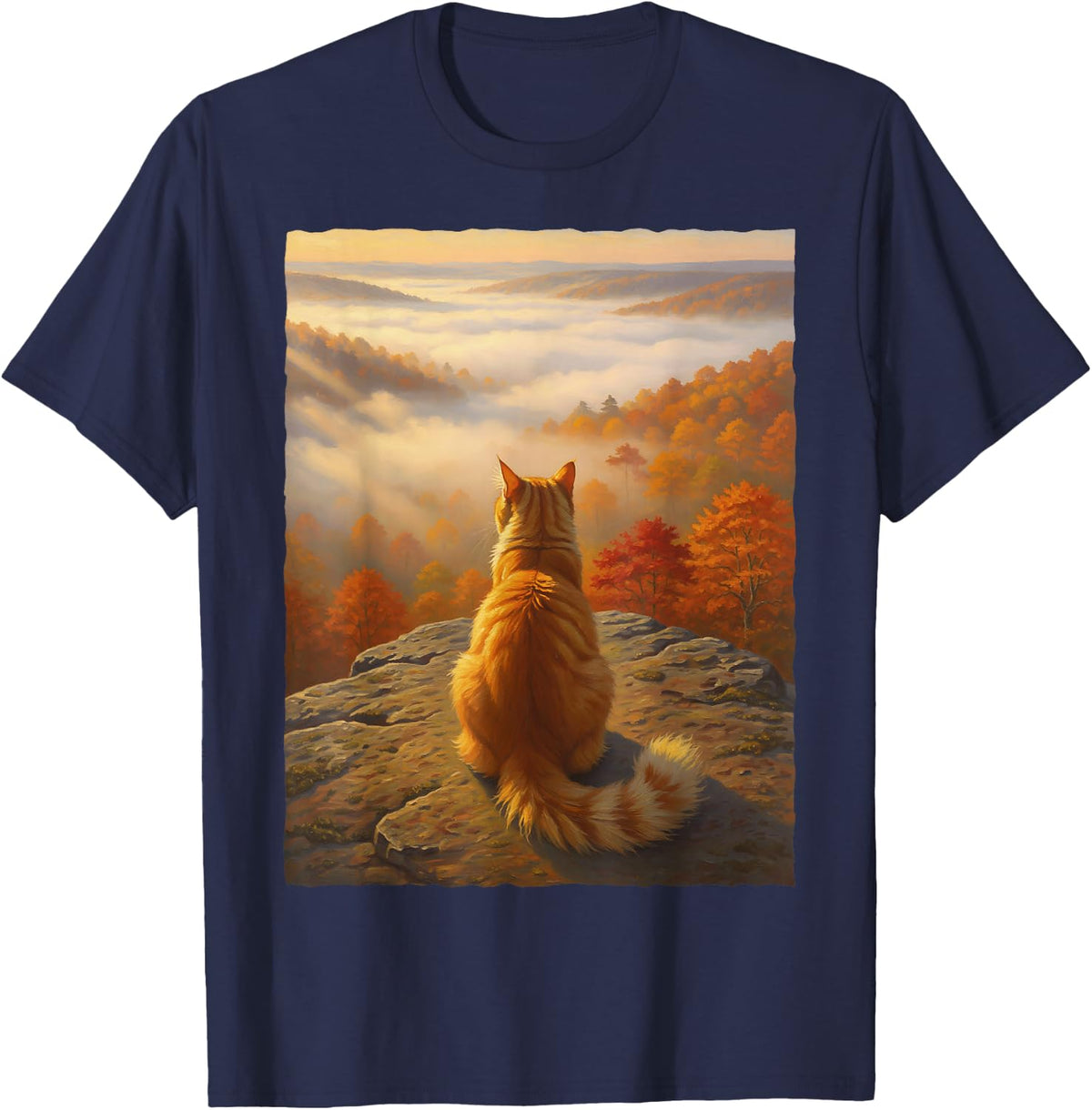 Ginger Cat Autumn Forest Mountain View Orange Tabby Nature T-Shirt - Navy Blue