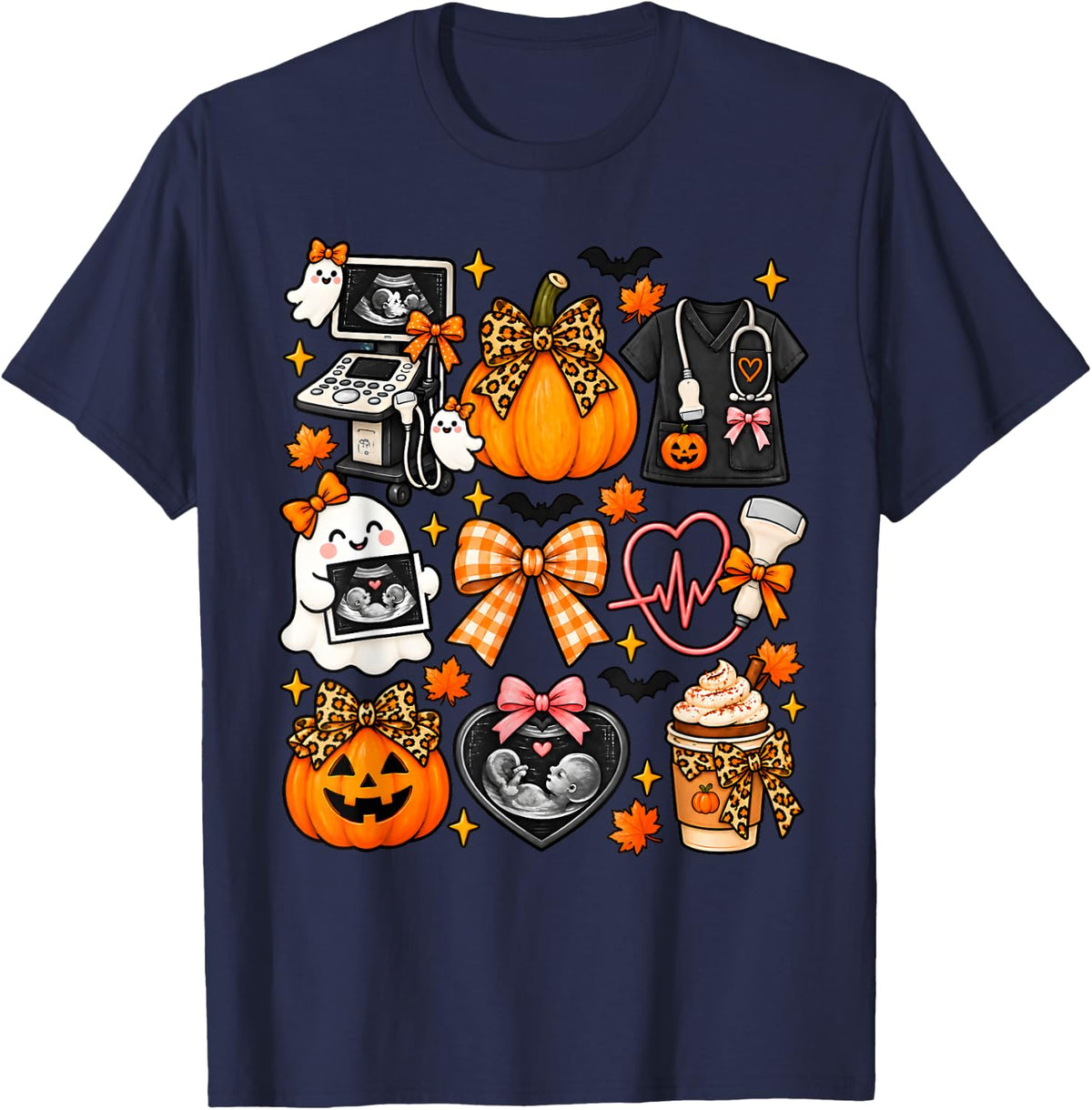 Sonographer Halloween Pumpking Fall Sonography Ultrasound T-Shirt - Navy Blue