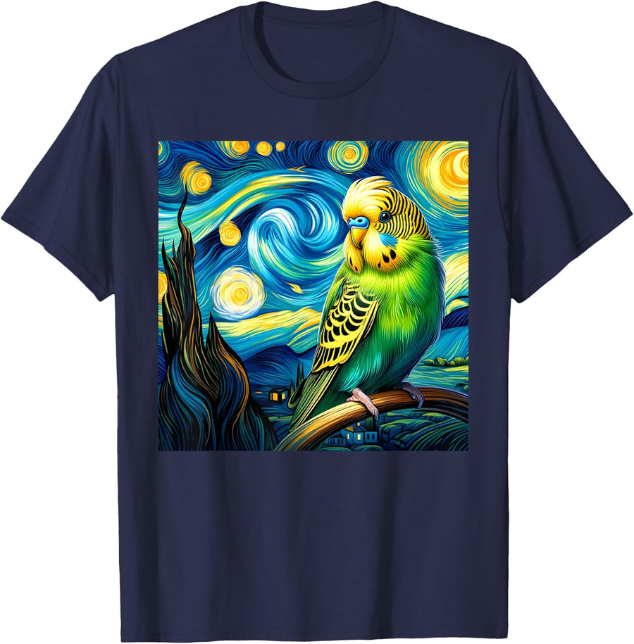 Budgie Parakeet Parrot Budgerigar Bird Starry Night Van Gogh T-Shirt - Navy Blue