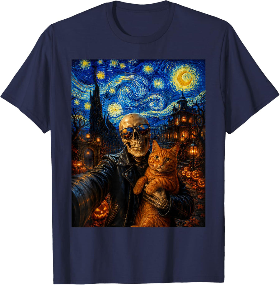Halloween Skeleton Hugs Ginger Cat Van Gogh Starry Night T-Shirt - Navy Blue