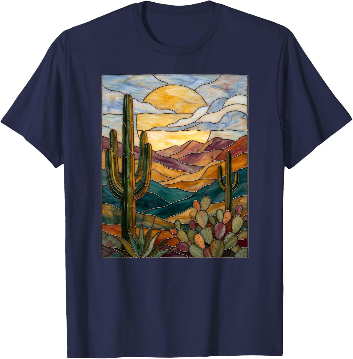 Stained Glass Cactus Artful Trendy T-Shirt - Navy Blue