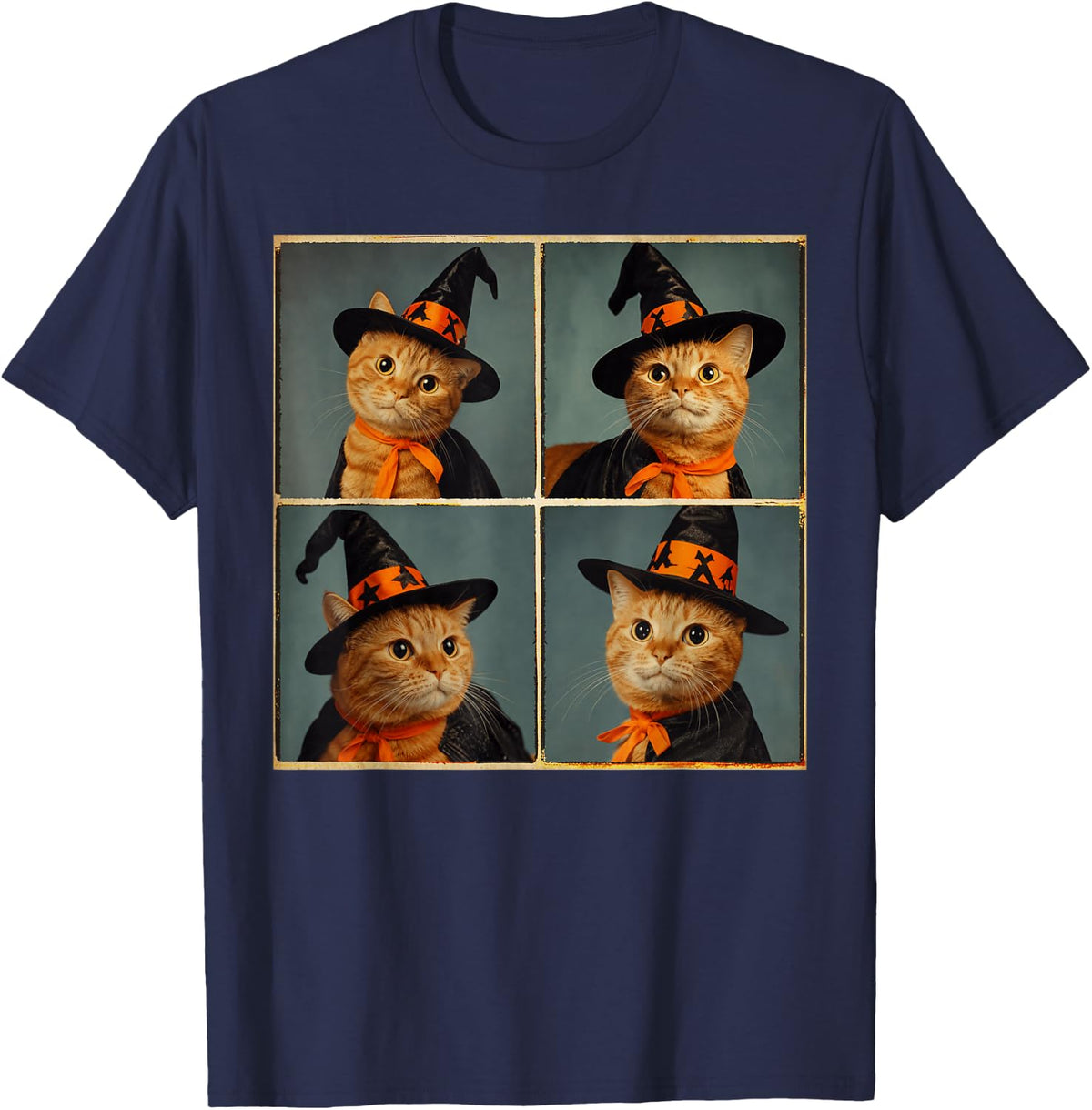 Funny Ginger Cat in Witch Costume Photoshoot Happy Halloween T-Shirt - Navy Blue