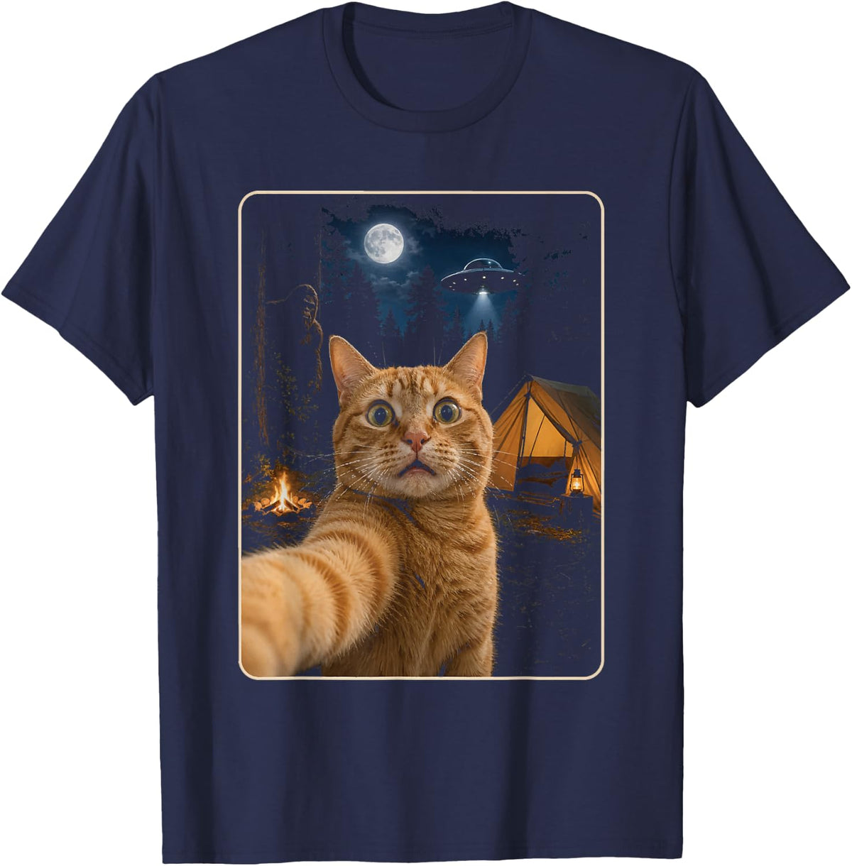 Funny Cat Selfie Bigfoot UFO Alien Sasquatch Ginger Camping T-Shirt - Navy Blue