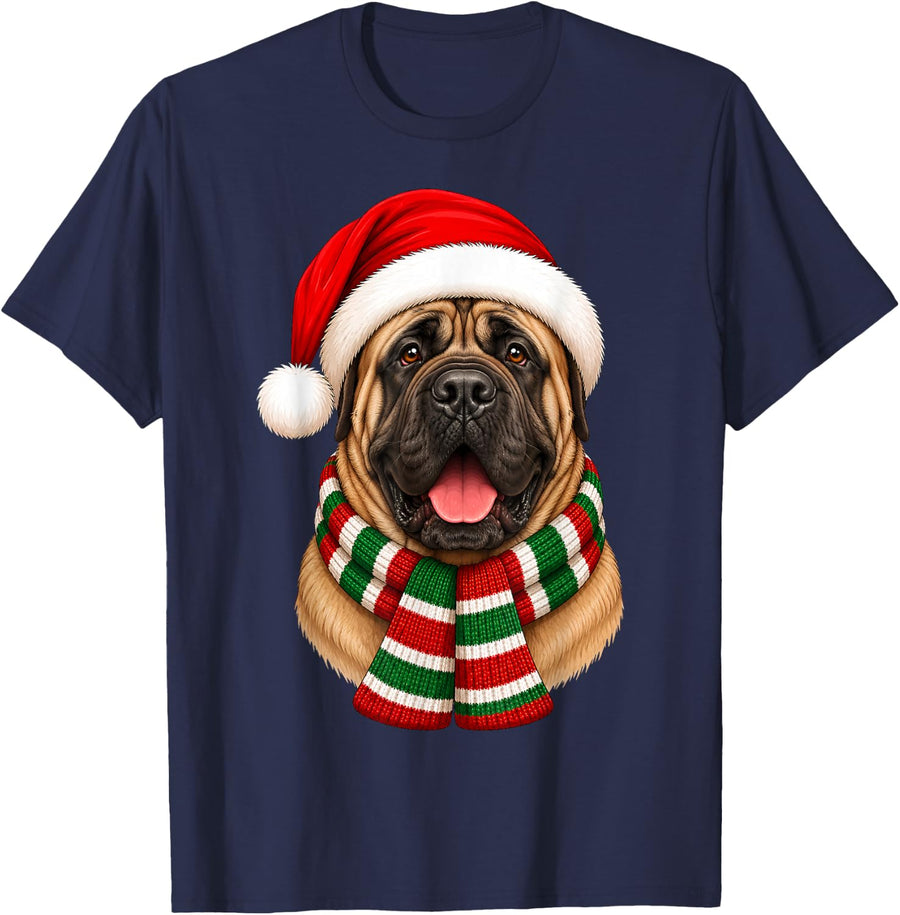 Mastiff Dog Christmas Santa Hat Scarf Festive Mastiff Xmas T-Shirt - Navy Blue