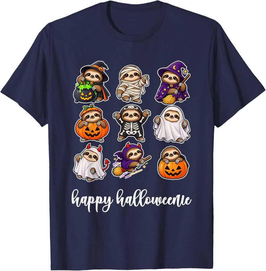 Sloth Happy Halloweenie Cute Halloween Costume Art T-Shirt - Navy Blue